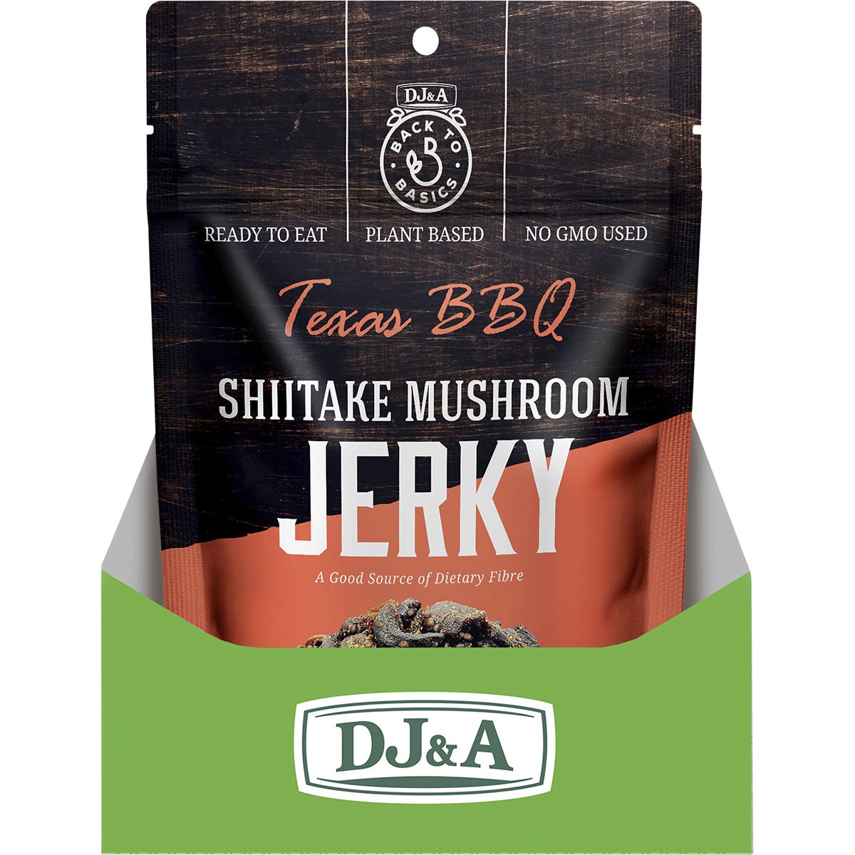 Back of a 60g DJ&A Shiitake Mushroom Jerky Texas BBQ bag showing nutrition facts and ingredients list.