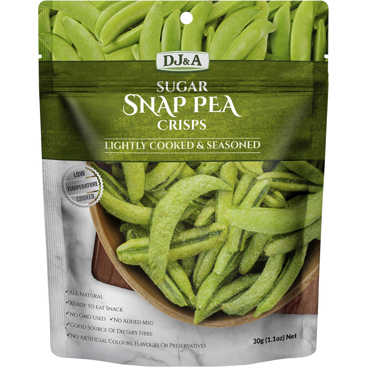 30g bag of DJ&A Sugar Snap Pea Crisps.