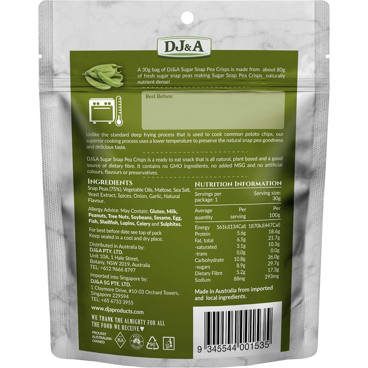Back of a 30g bag of DJ&A Sugar Snap Pea Crisps showing nutritional facts and ingredients on a green background.