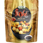 Nine-pack of 150g DJ&A Sushi Style Snack Mix bags featuring a variety of rice crackers and coated peanuts.