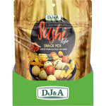 Back of a DJ&A Sushi Style Snack Mix 150g bag with nutrition facts, ingredients, and allergen information.