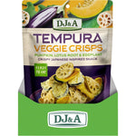 Back of DJ&A Tempura Veggie Crisps 70g bag with nutrition facts, ingredients, and plant-based snack highlights.