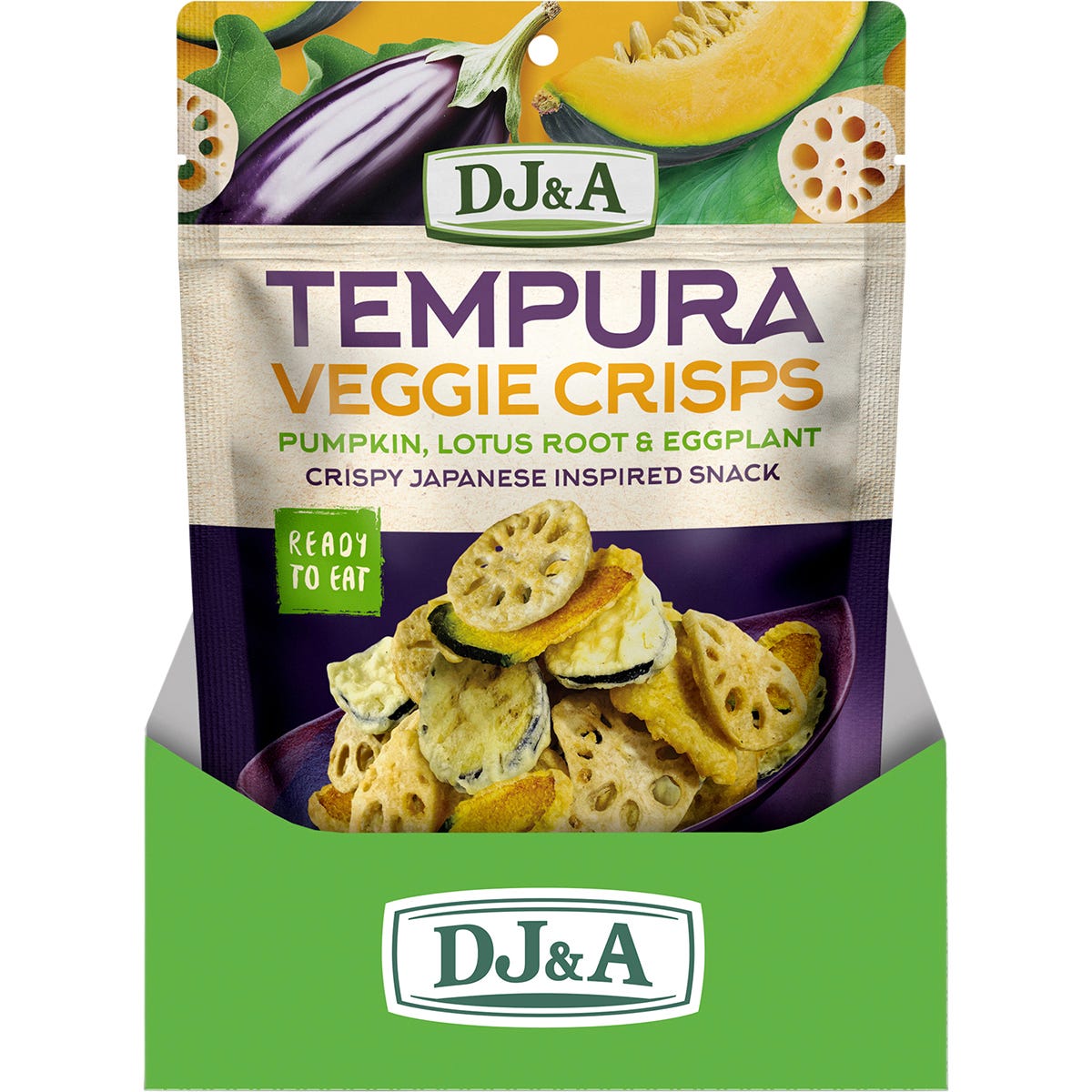 Back of DJ&A Tempura Veggie Crisps 70g bag with nutrition facts, ingredients, and plant-based snack highlights.