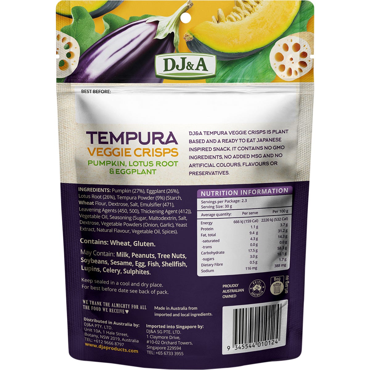 70g bag of DJ&A Tempura Veggie Crisps featuring pumpkin, lotus root, and eggplant on a white background.