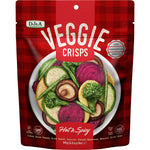 9-pack of 90g DJ&A Veggie Crisps Hot & Spicy bags with images of dried vegetables on a white background.