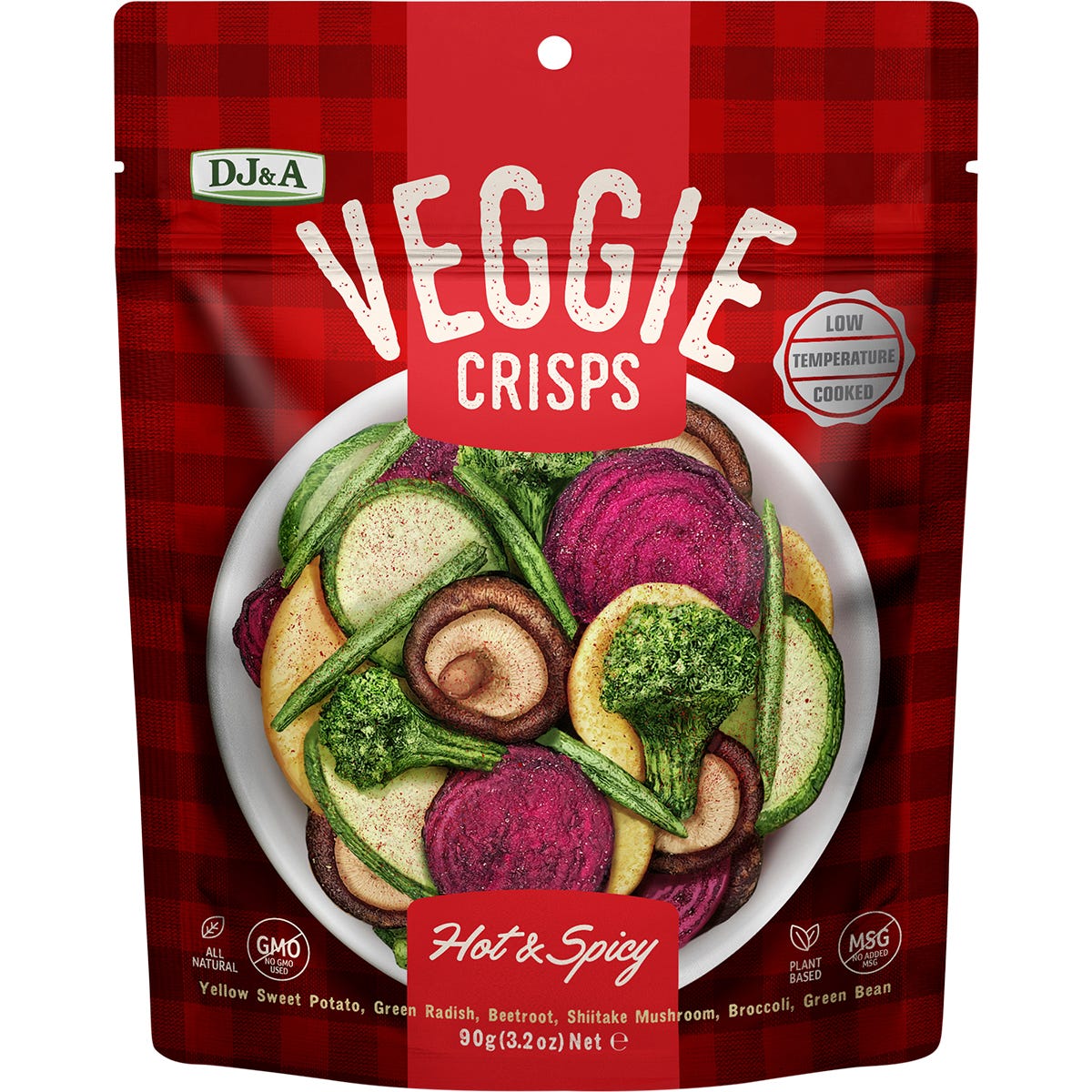 9-pack of 90g DJ&A Veggie Crisps Hot & Spicy bags with images of dried vegetables on a white background.