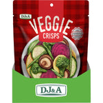 Back of a 90g DJ&A Veggie Crisps Hot & Spicy bag with nutrition facts, ingredients, and allergen information.
