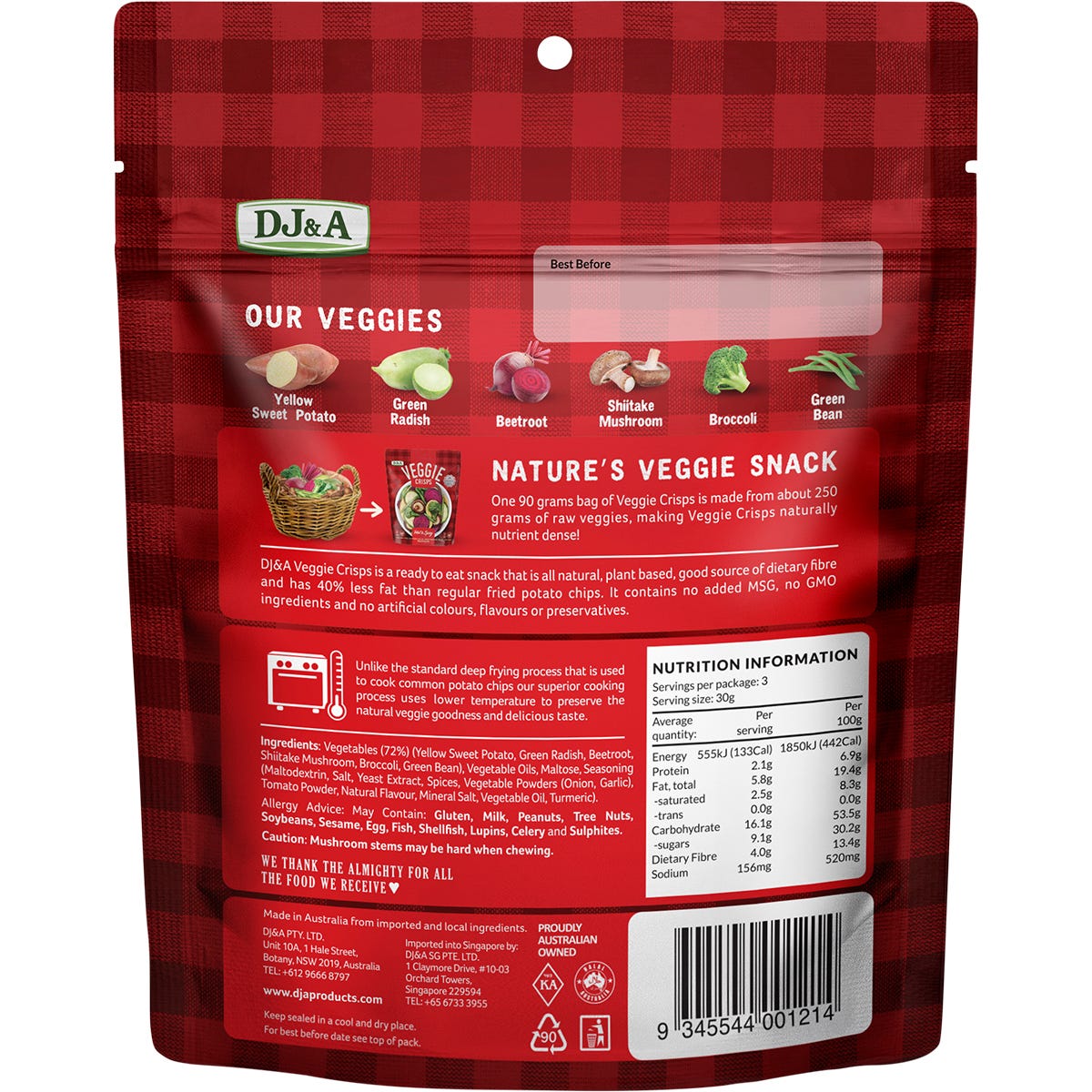 Single 90g bag of DJ&A Hot & Spicy Veggie Crisps on a white background.