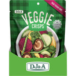 Side view of a DJ&A Veggie Crisps Original 90g bag showing various dried vegetable pieces.