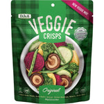 90g bag of DJ&A Original Veggie Crisps with images of beetroot, broccoli, radish, and yellow sweet potato.