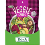 Side view of a DJ&A Veggie Crisps 90g bag highlighting natural ingredients and a "No GMO" label.