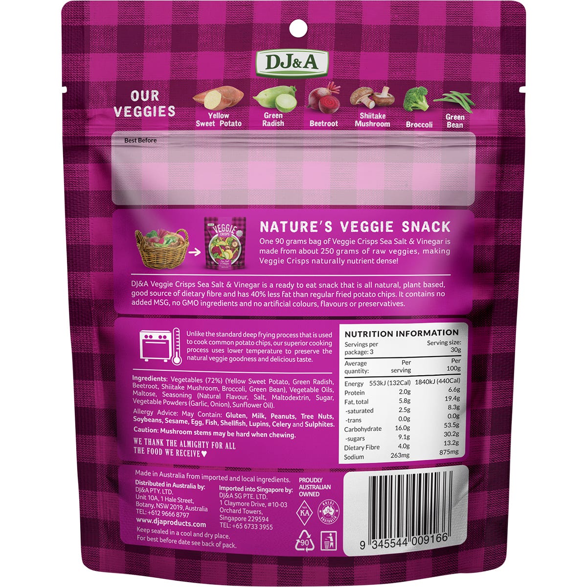 Back of DJ&A Sea Salt and Vinegar Veggie Crisps 90g bag showing ingredients, nutritional facts, and dietary information.