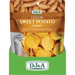 Back of DJ&A Yellow Sweet Potato Crisps 55g bag showing nutrition facts, ingredients, and plant-based features.