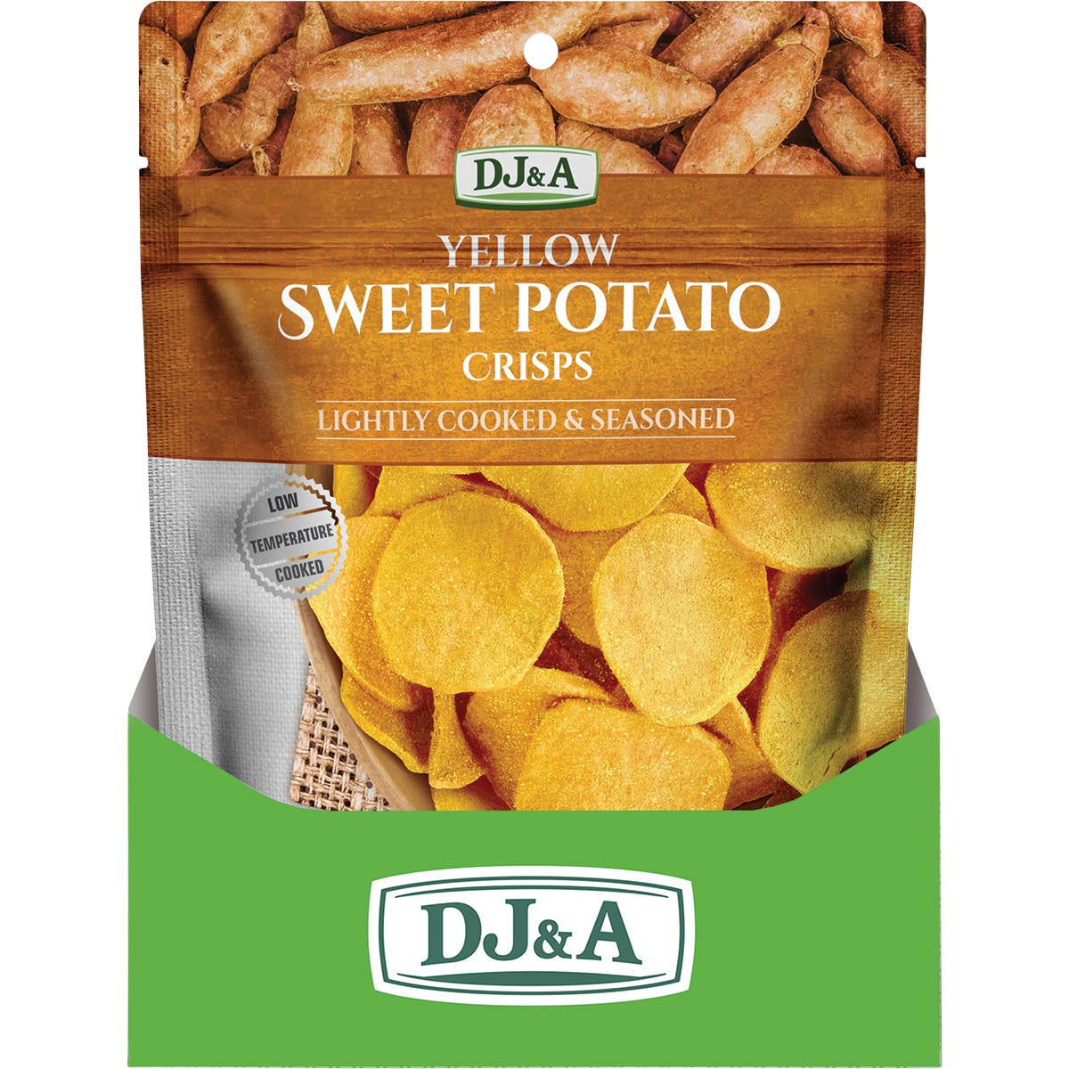 Back of DJ&A Yellow Sweet Potato Crisps 55g bag showing nutrition facts, ingredients, and plant-based features.