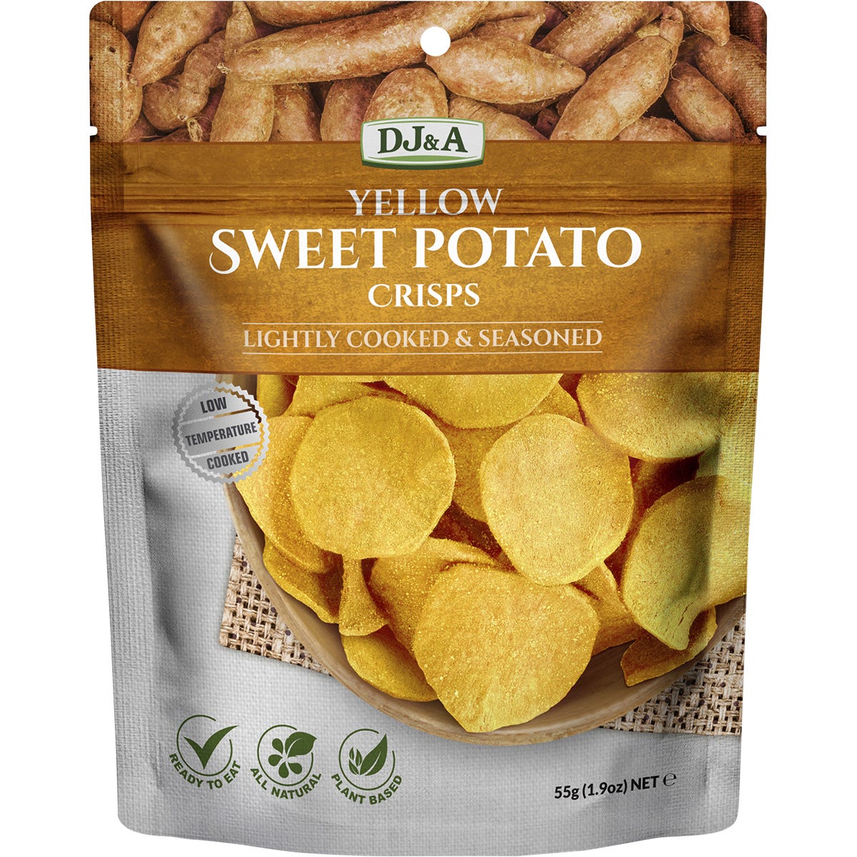 Yellow sweet potato crisps in 55g bags, displayed as a pack of 10 in a yellow cardboard box.