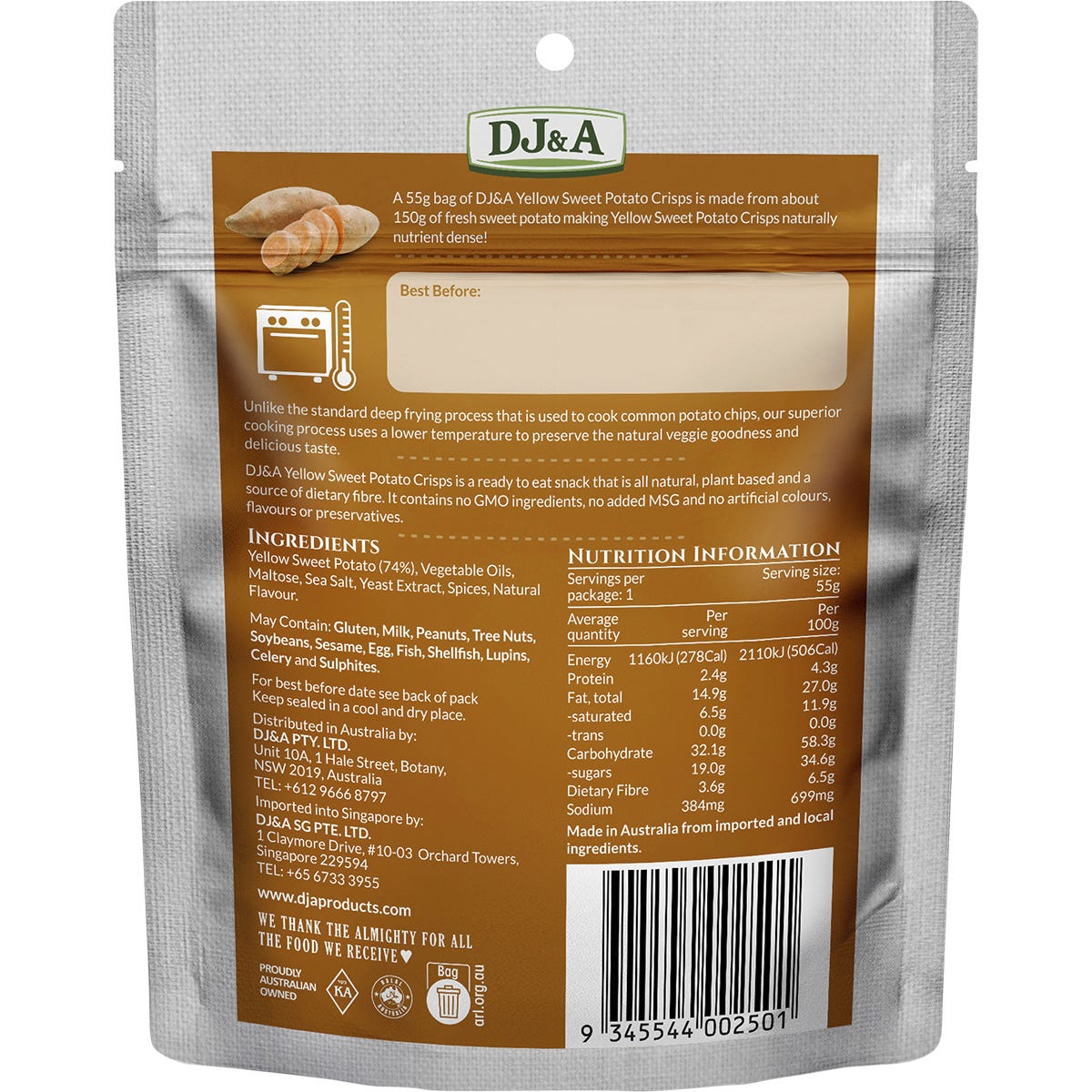 Yellow 55g bag of DJ&A Sweet Potato Crisps featuring sliced yellow sweet potatoes on the front.