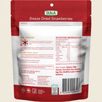 Back of DJ&A Freeze Dried Strawberries bag with nutrition facts, ingredients, and product features.