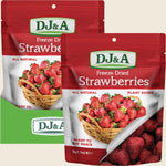 Seven 50g packs of DJ&A Freeze Dried Strawberries showing a whole strawberry and fruit pieces on a red and white bag.