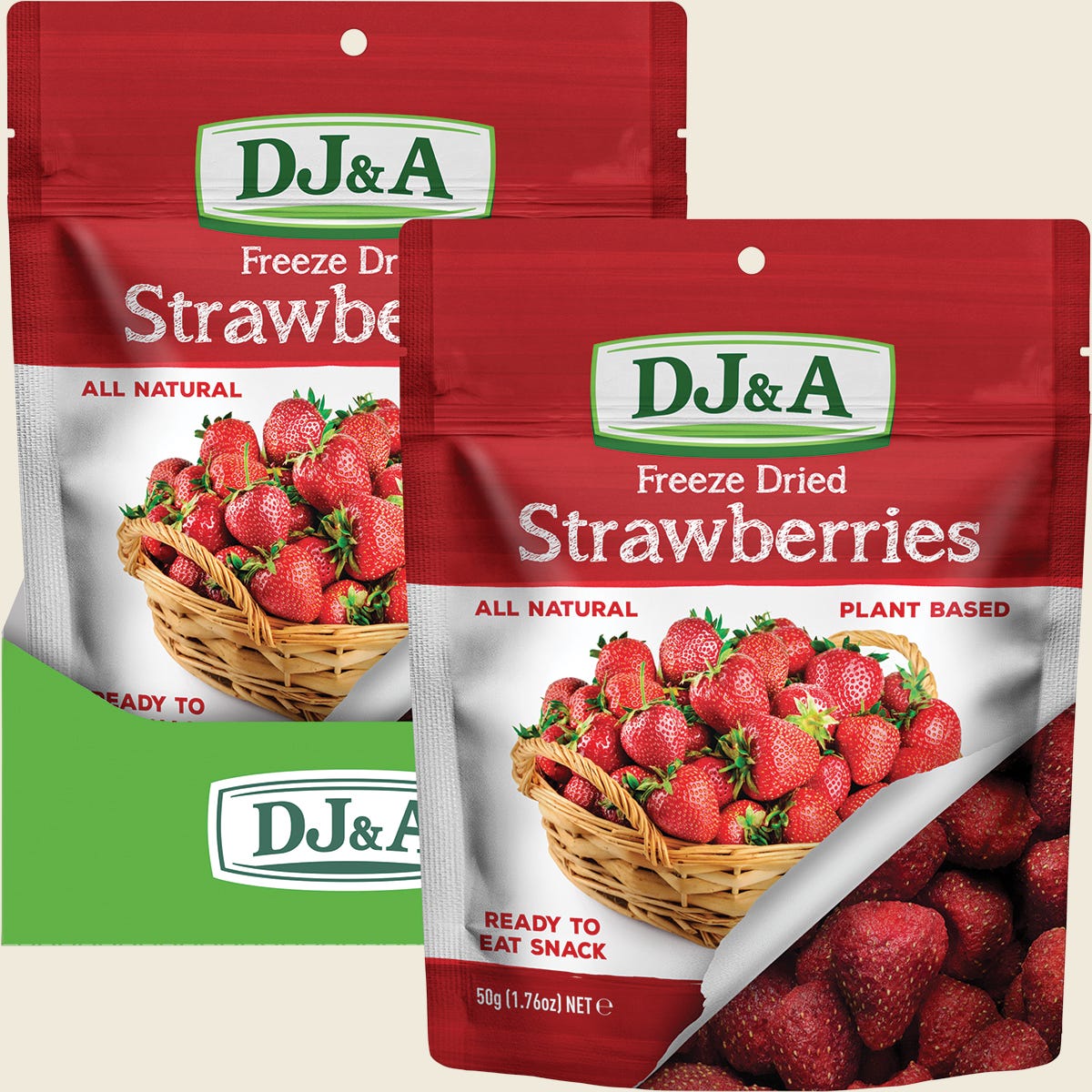 Seven 50g packs of DJ&A Freeze Dried Strawberries showing a whole strawberry and fruit pieces on a red and white bag.