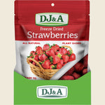 Retail display box of DJ&A Freeze Dried Strawberries with multiple 50g packs on a white background.