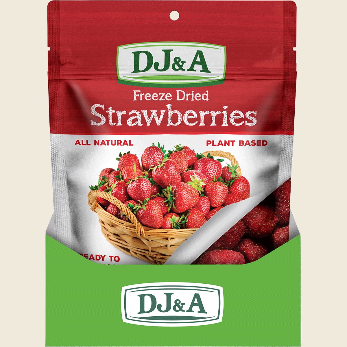 Retail display box of DJ&A Freeze Dried Strawberries with multiple 50g packs on a white background.