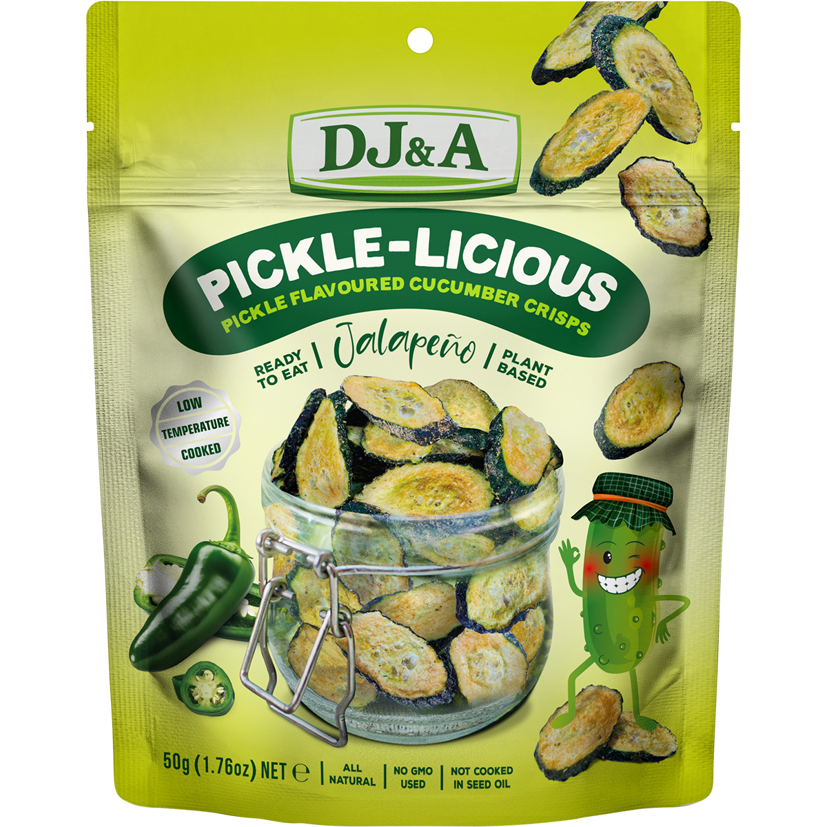A 50g bag of DJ&A Pickle-Licious Jalapeño pickle-flavored cucumber crisps, featuring a bright yellow-green background with illustrations of sliced cucumbers, a jalapeño pepper, and a smiling pickle character.