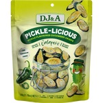 A 50g bag of DJ&A Pickle-Licious Jalapeño pickle-flavored cucumber crisps, featuring a bright yellow-green background with illustrations of sliced cucumbers, a jalapeño pepper, and a smiling pickle character.