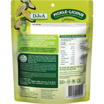Back view of a green stand-up pouch of Dj&A Pickle-Licious Volapoeo pickle and flavoured cucumber crisps, showing product details, ingredients, nutrition facts, and a barcode.