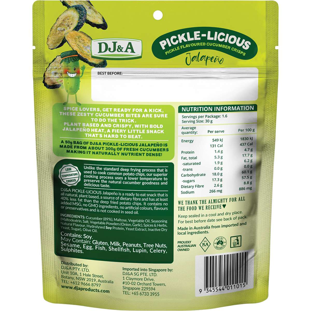 Back view of a green stand-up pouch of Dj&A Pickle-Licious Volapoeo pickle and flavoured cucumber crisps, showing product details, ingredients, nutrition facts, and a barcode.
