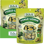 Two bags of DJ&A Pickle-Licious Pickle Flavoured Cucumber Chips (Calaperyo) in a bright yellow-green packaging with green accents, displayed against a white background.
