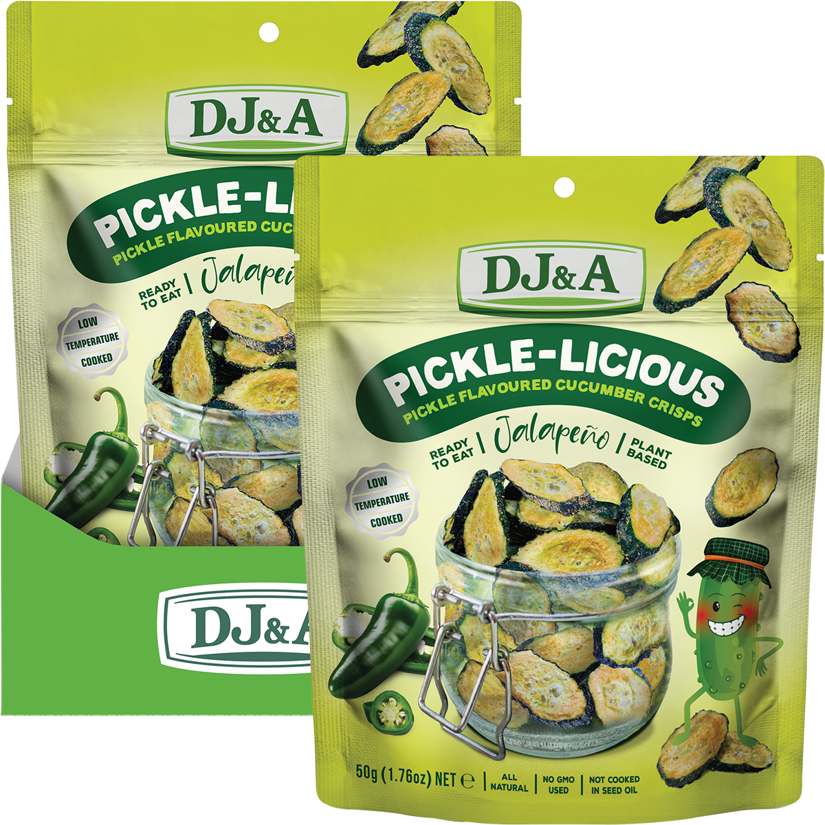 Two bags of DJ&A Pickle-Licious Pickle Flavoured Cucumber Chips (Calaperyo) in a bright yellow-green packaging with green accents, displayed against a white background.