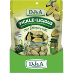 A bag of DJ&A Pickle-Licious pickle-flavoured cucumber crisps, featuring a bright green and cream packaging design with illustrations of jalapeños and a clear window showing the crisps inside.