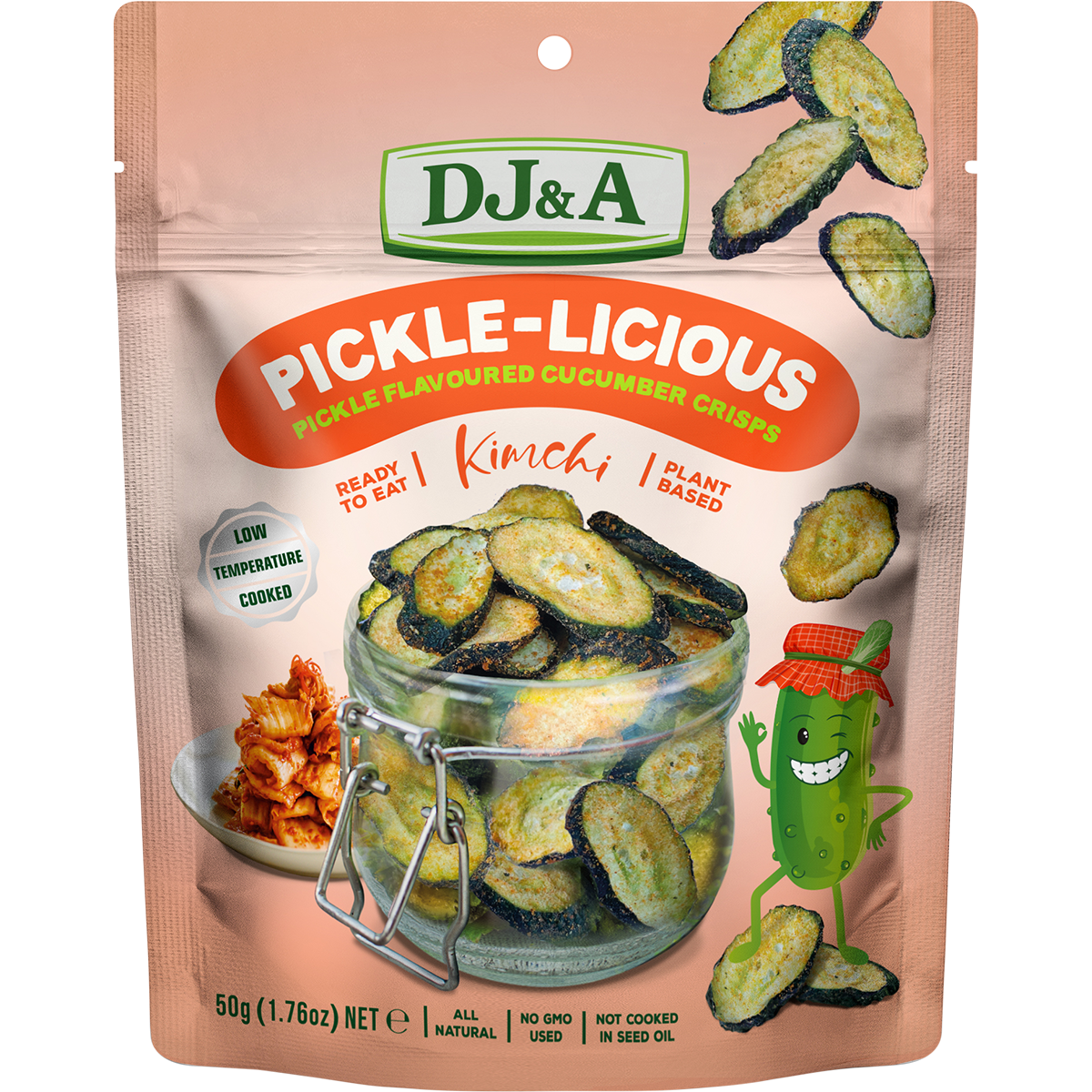 A 50g pouch of DJ&A Pickle-Licious Pickle Flavoured Cucumber Crisps (Kimchi flavor) on a clean white background. The packaging features a peach-pink background with a large orange banner, a clear glass jar filled with cucumber crisps, and a cartoon pickle character.