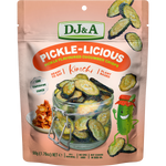 A 50g pouch of DJ&A Pickle-Licious Pickle Flavoured Cucumber Crisps (Kimchi flavor) on a clean white background. The packaging features a peach-pink background with a large orange banner, a clear glass jar filled with cucumber crisps, and a cartoon pickle character.