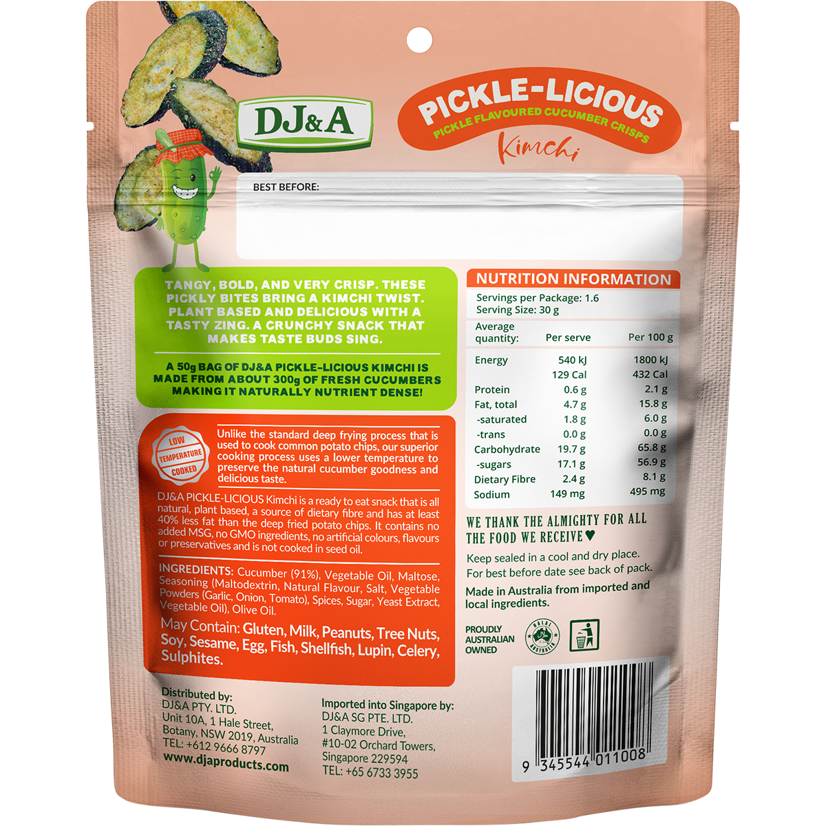 DJ&A Pickle-Licious Pickle Flavoured Cucumber Kimchi 50g (Pack of 9)