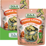Two bags of DJ&A Pickle-Licious pickle-flavoured cucumber chips in Kimchi flavor, shown on a white background with a green DJ&A box partially visible underneath.