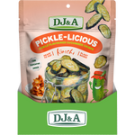 A package of DJ&A Pickle-Licious Pickle Flavouring Cucumber Crisps in Kimchi flavor, featuring a pink and green stand-up pouch with illustrations of sliced cucumbers and a cartoon pickle character.