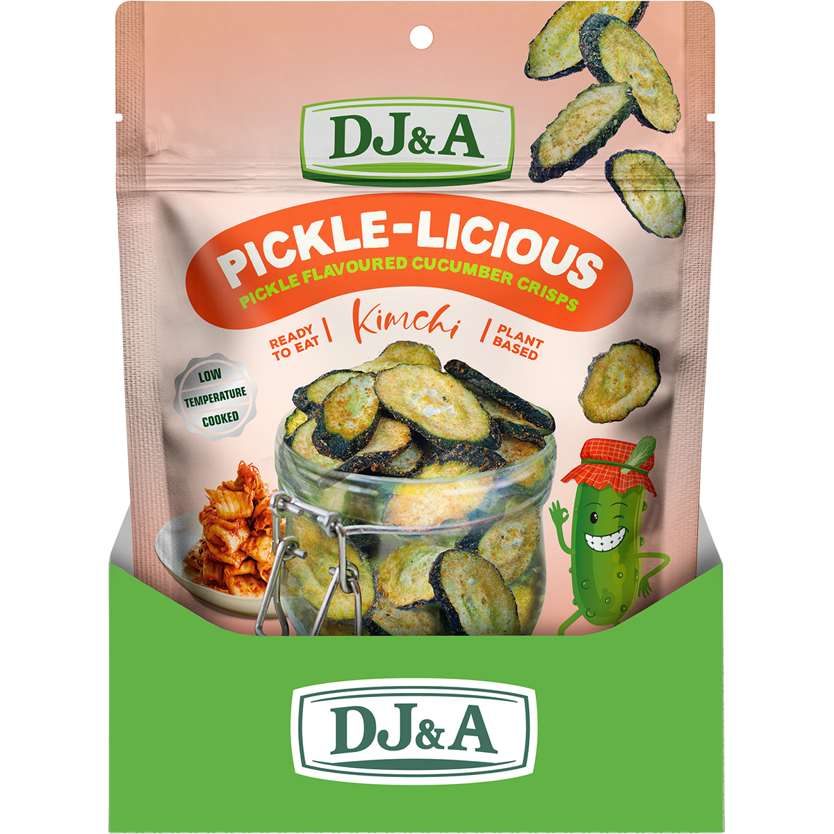 A package of DJ&A Pickle-Licious Pickle Flavouring Cucumber Crisps in Kimchi flavor, featuring a pink and green stand-up pouch with illustrations of sliced cucumbers and a cartoon pickle character.