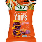 100g bag of DJ&A Gourmet Sweet Potato Mix sea salt chips with illustrations of orange and purple sweet potatoes.