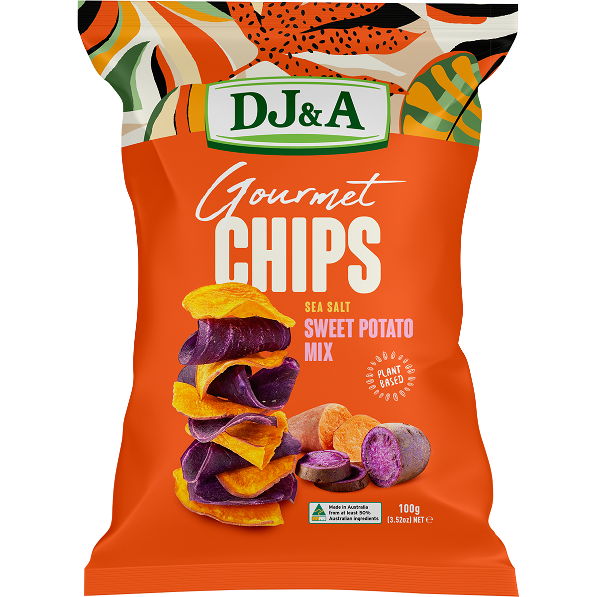 100g bag of DJ&A Gourmet Sweet Potato Mix sea salt chips with illustrations of orange and purple sweet potatoes.