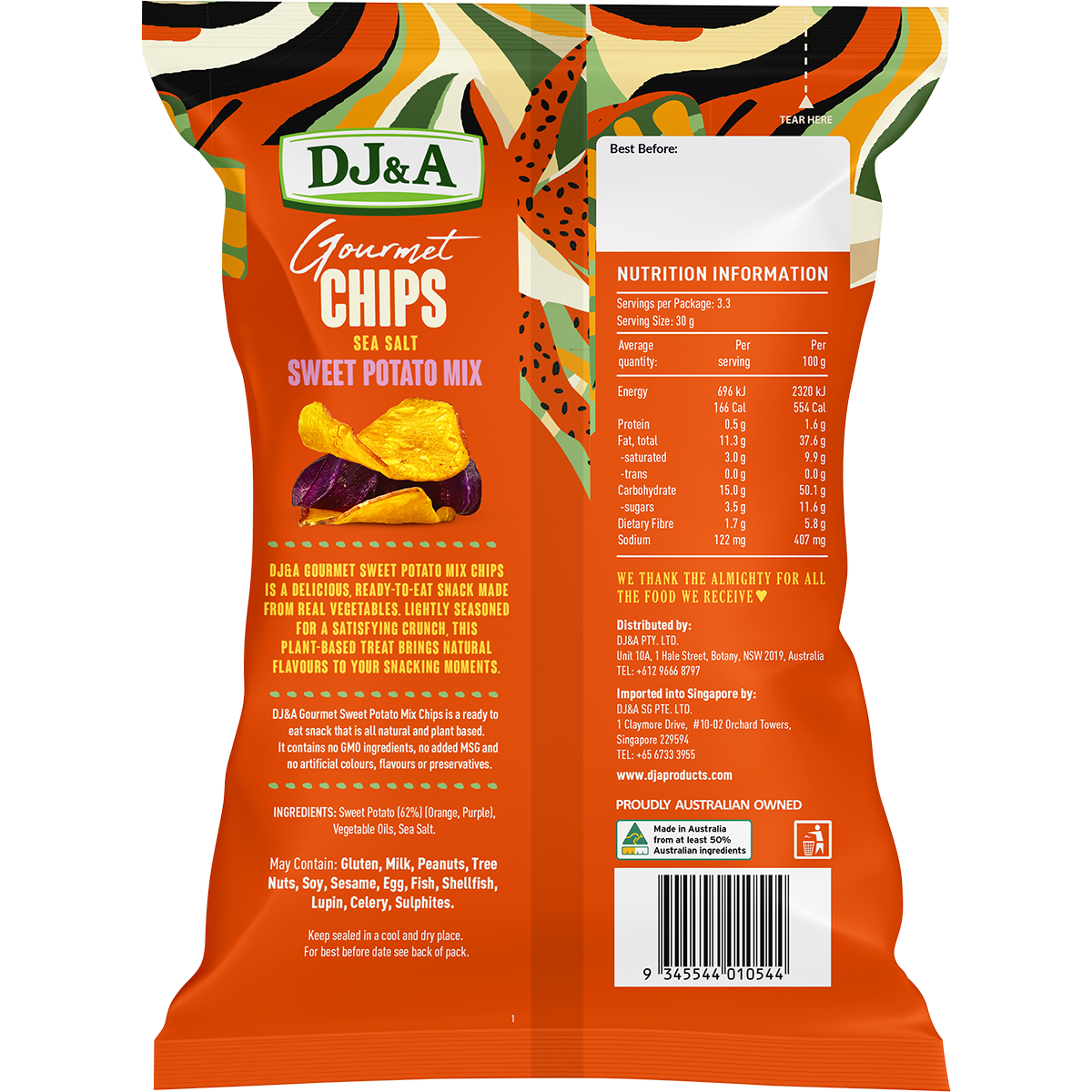 Back of DJ&A Sweet Potato Mix 100g bag with nutrition facts, ingredients, and product features.