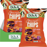 Five 100g bags of DJ&A Sweet Potato Mix sea salt chips featuring orange and purple sweet potato illustrations.