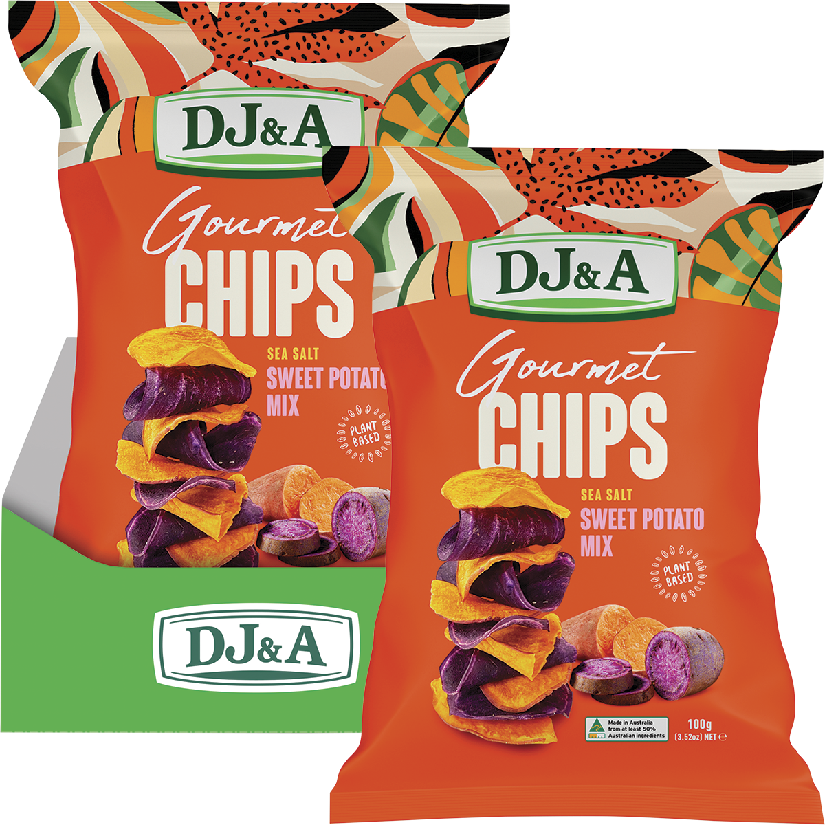 Five 100g bags of DJ&A Sweet Potato Mix sea salt chips featuring orange and purple sweet potato illustrations.