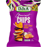 DJ&A Gourmet Taro & Sweet Potato Chips 100g bag featuring orange and purple chips on a white background.