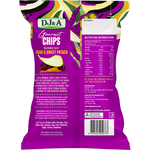 Back of DJ&A Taro & Sweet Potato Chips 100g bag with nutrition facts, ingredients, and plant-based snack details.