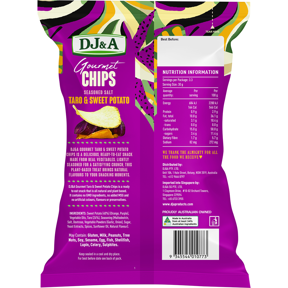 Back of DJ&A Taro & Sweet Potato Chips 100g bag with nutrition facts, ingredients, and plant-based snack details.