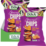 Five 100g bags of DJ&A Gourmet Taro & Sweet Potato Chips with seasoned salt, showing front and back packaging.