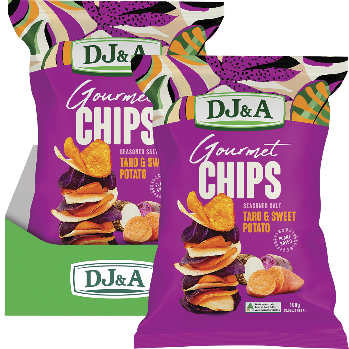 Five 100g bags of DJ&A Gourmet Taro & Sweet Potato Chips with seasoned salt, showing front and back packaging.