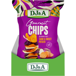 Retail display box of DJ&A Gourmet Taro & Sweet Potato Chips with five 100g snack bags on a white background.