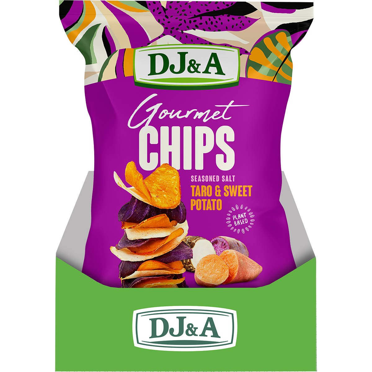 Retail display box of DJ&A Gourmet Taro & Sweet Potato Chips with five 100g snack bags on a white background.